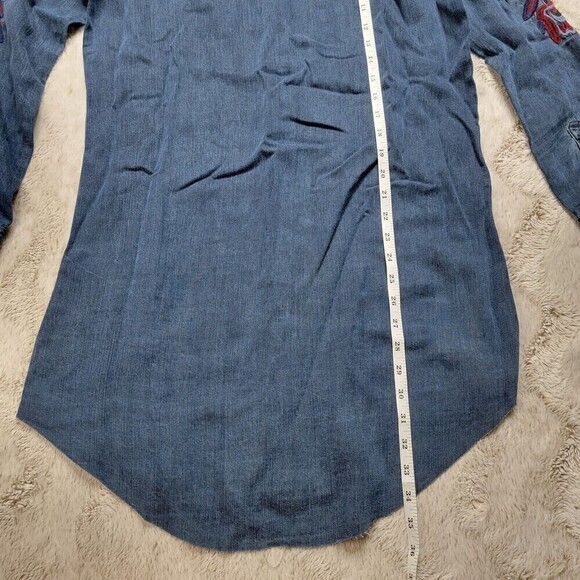 Rails Dark Denim Style Button Up Blouse Dress With Embroidered Stitch Blue XS - Picture 10 of 12